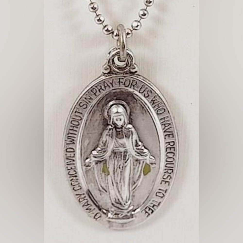 Sterling Mother Mary Catholic Medallion Pendant w/ Sterling Chain 17in